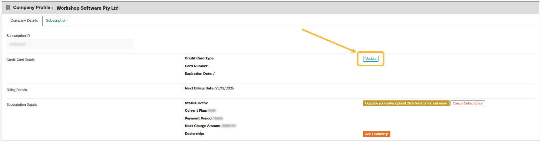 Workshop Software screen showing to update your card details select 'update' and it will give you the ability ...