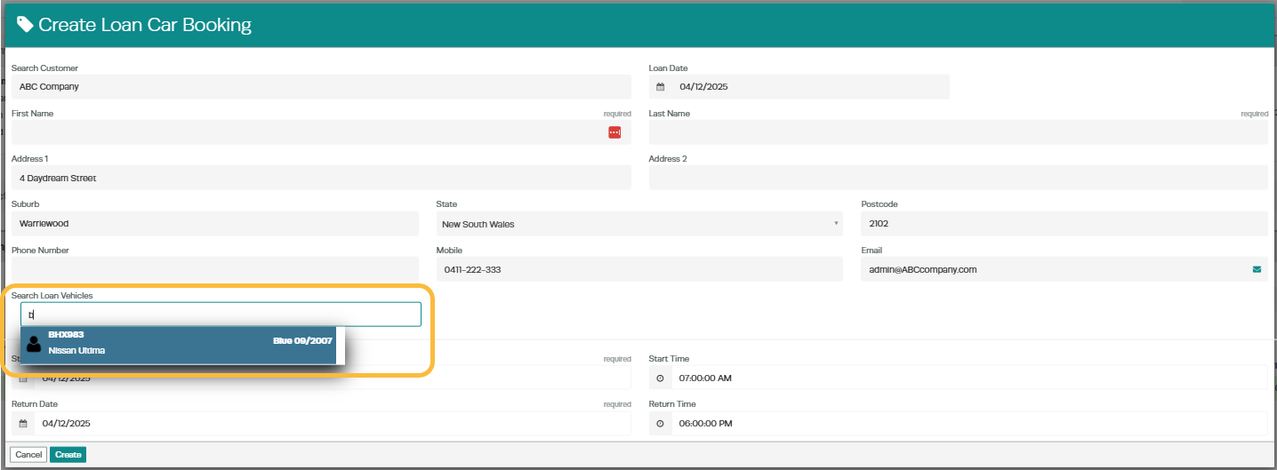 Workshop Software screen showing start typing the rego number in the ' search loan vehicles '