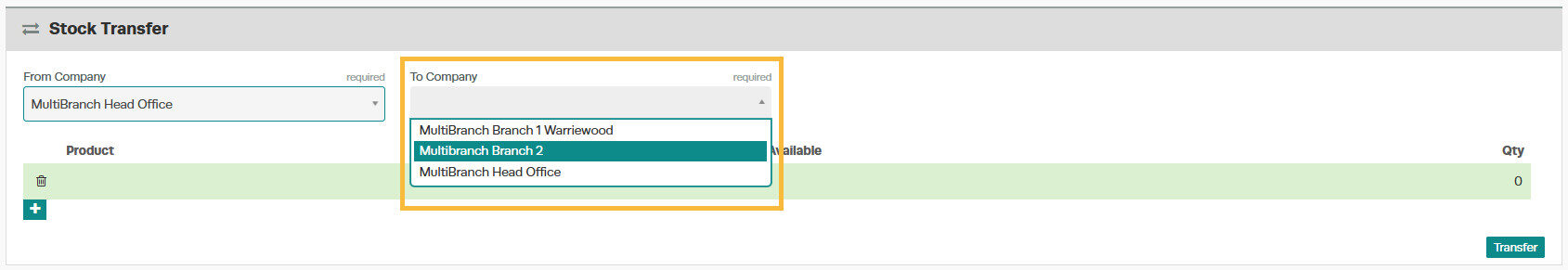 Workshop Software multi-branch transferring stock showing branch to which you want to transfer stock in the “to company” f...