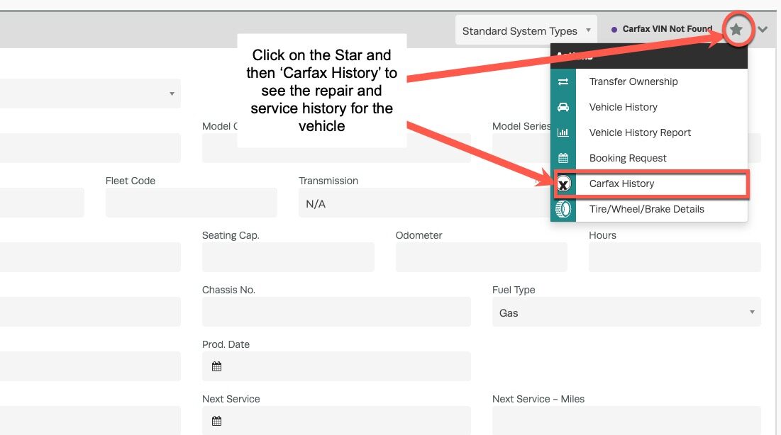 Workshop Software screen showing you can also view the complete carfax vehicle history by clicking the star bu...