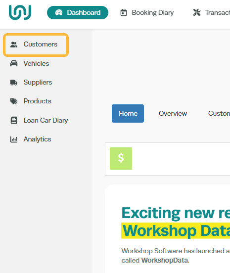 Workshop Software create a customer and add a vehicle to their profile showing 'customers' from the left hand navigation m...