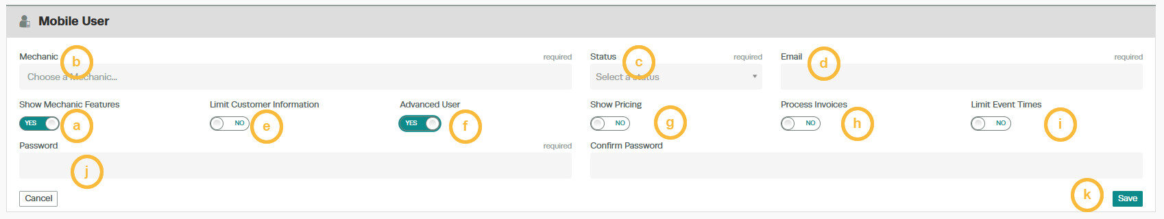 Workshop Software how to add a mobile user showing details for the mobile user as below