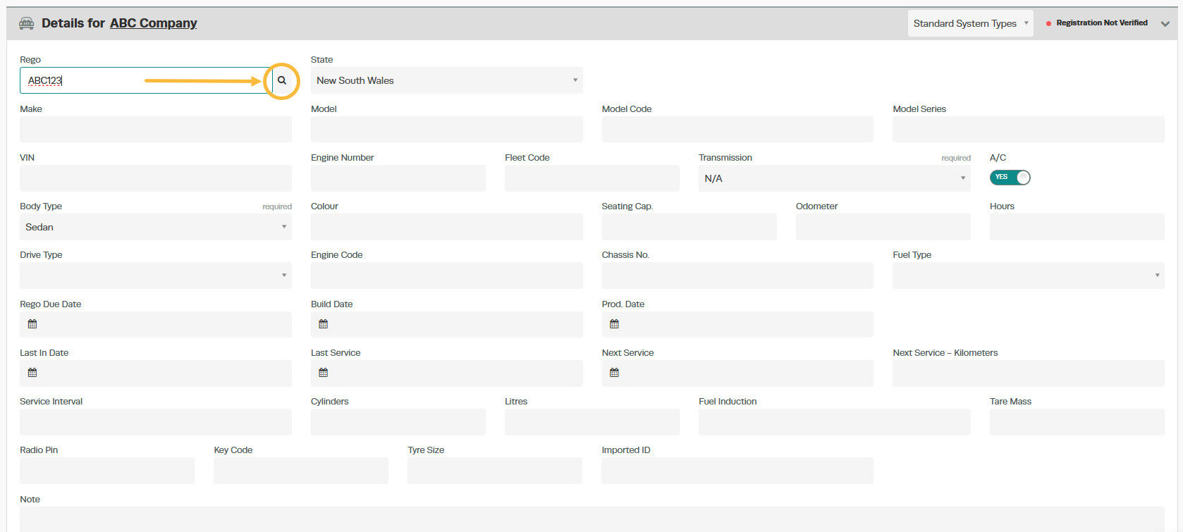 Workshop Software screen showing to use the registration lookup feature simply enter the plate number then cli...