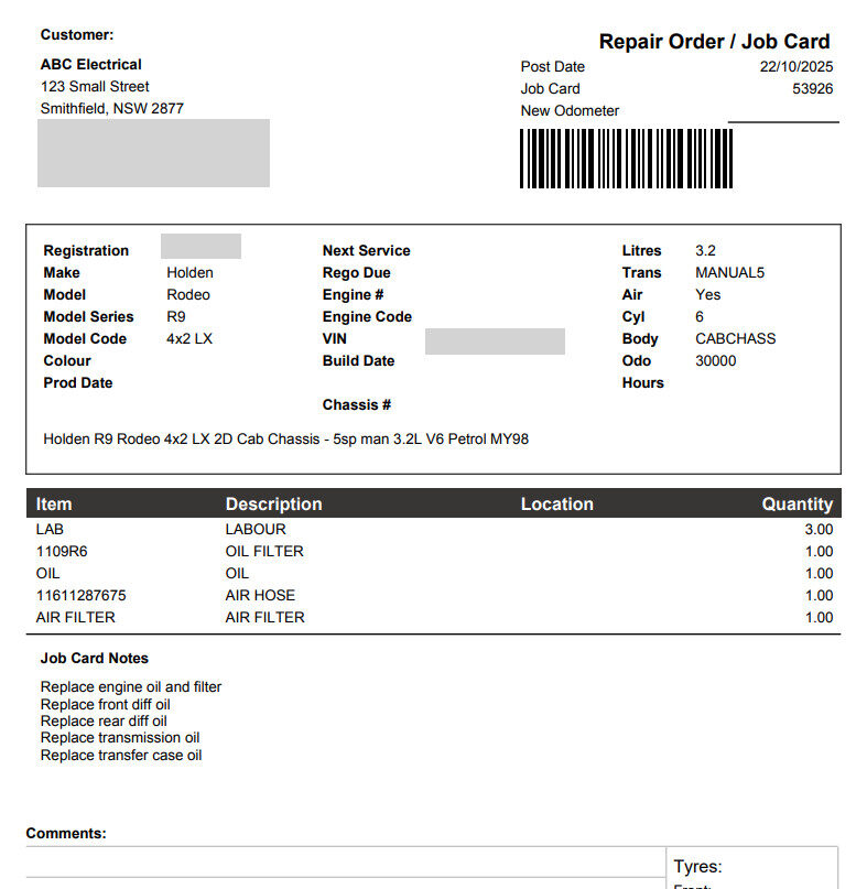 Print job card preview window showing formatted job card ready to print