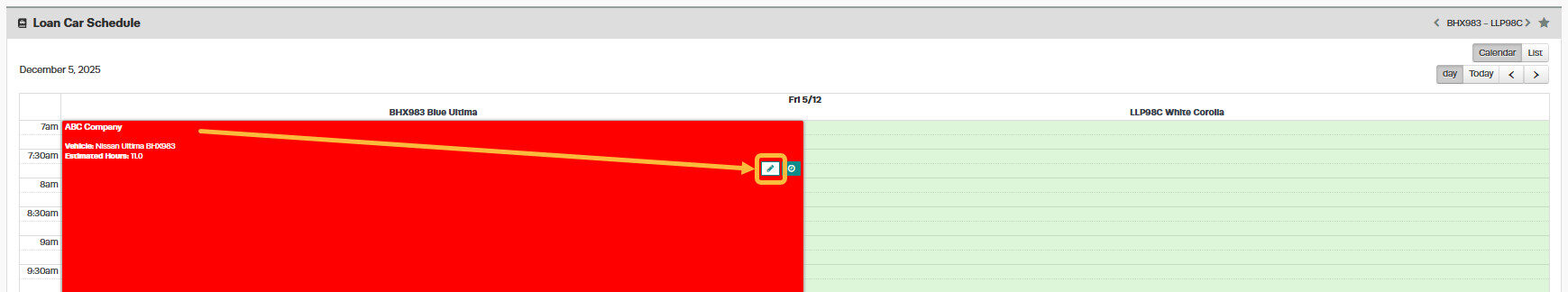 Workshop Software starting a loan car booking showing ' pencil ' icon if you wish to modify the loan car booking