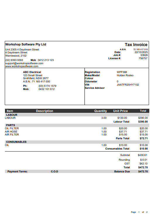 Tax invoice in the Print Letterhead With Company format leaving blank space at the top for pre-printed paper