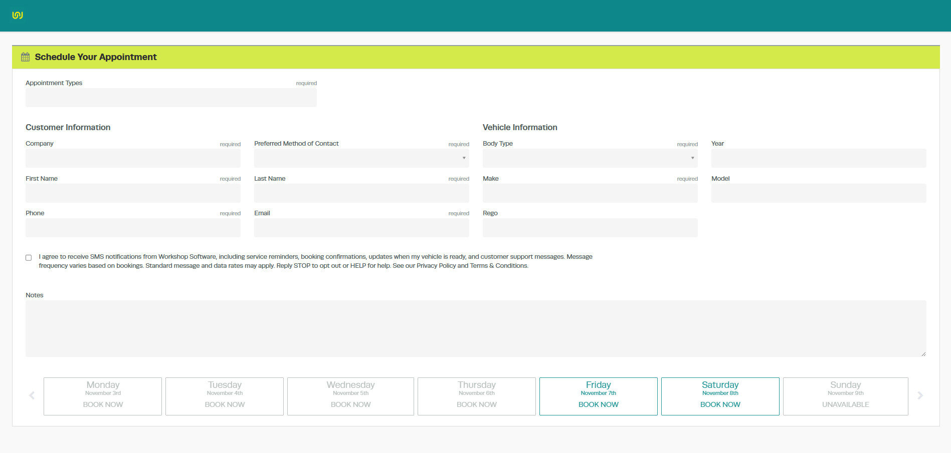 Workshop Software screen showing this is the same url you can embed behind a "request appointment" button on y...