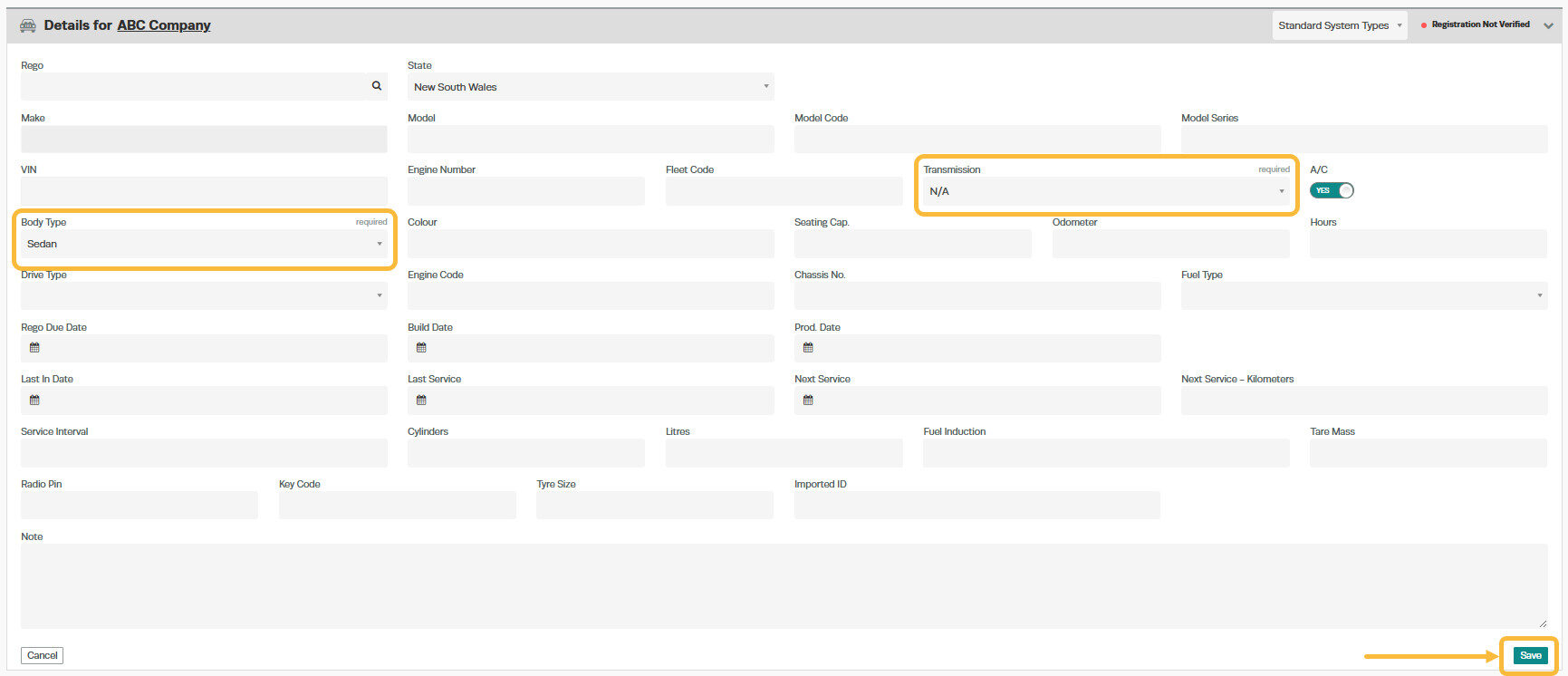 Workshop Software screen showing once details are entered click the green 'save' button