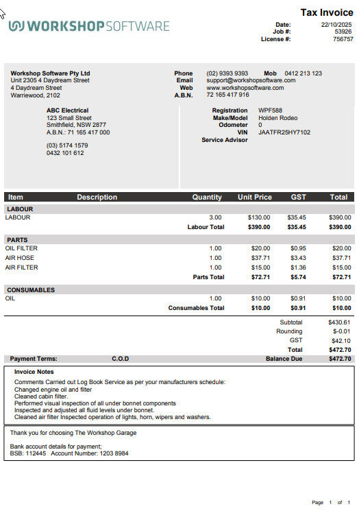 Tax invoice in the Default black and white format with unit prices and totals shown excluding GST