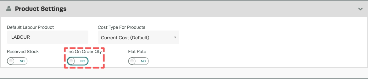A screenshot of the Product Settings header inside Company Settings. The Inc on Order Qty toggle is Highlighted.