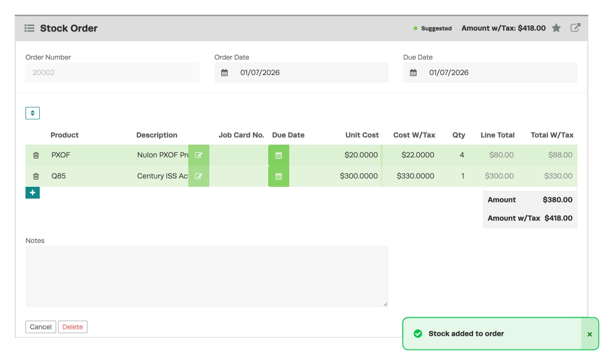 A screenshot of a Stock Order page after the Auto Create Stock Order function has been used, 2 Products are now visible in the Product List. A green "Stock added to order" pop up notification is visible.