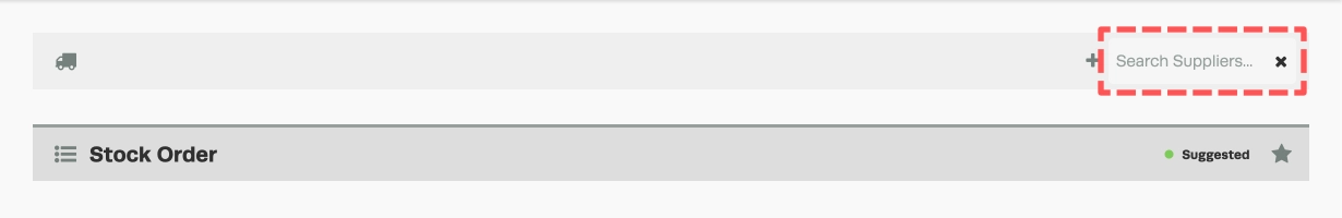 A screenshot of the Stock Order page before a supplier is selected, the Search Suppliers field is highlighted.