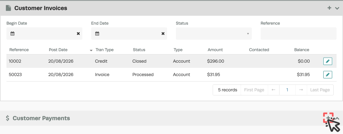 A screenshot of a Customer Invoice, the + icon in the Customer Payments card is highlighted.