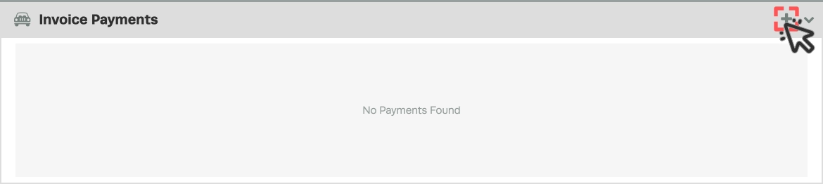A screenshot of the Invoice Payments card inside an Invoice, the + icon used to open a new Payment is highlighted.