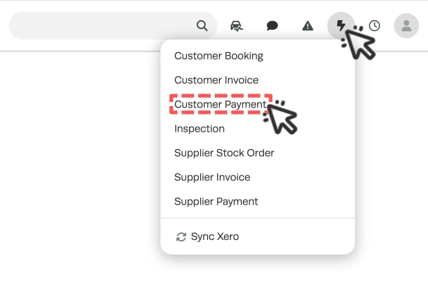 A screenshot of the lightning bolt menu, the Customer Payment option is highlighted.