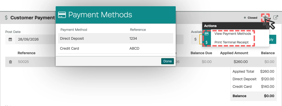 A cropped screenshot of Customer Payment, the Actions menu is open and the View Payment Methods and Print Terminal Receipt options are highlighted.