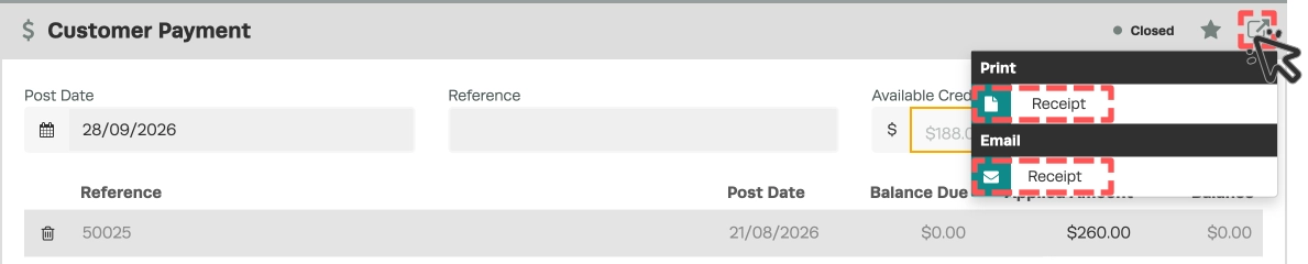 A cropped screenshot of a Customer Payment, the export menu is open and the print and email Receipt options are highlighted.