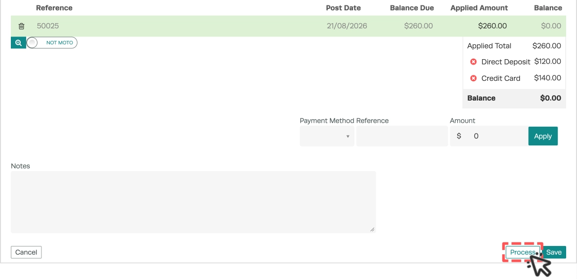 A cropped screenshot of a Customer Payment, the Process button is highlighted.