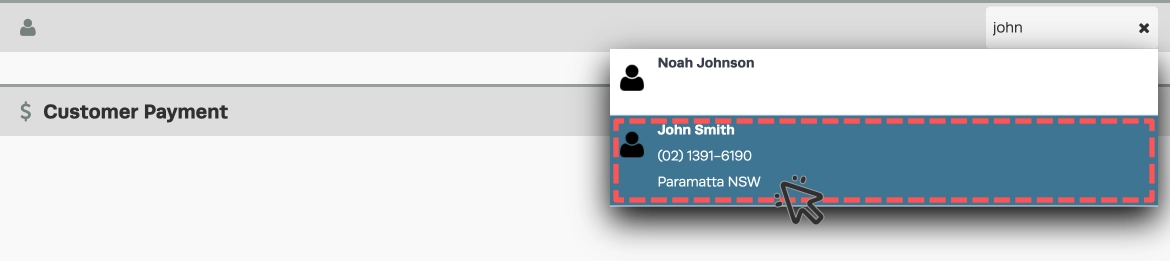 A cropped screenshot of a Customer Payment, a search is open and a Customer is highlighted.