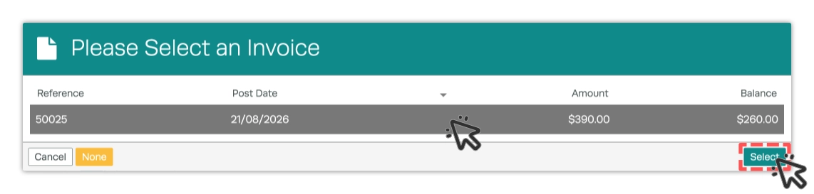 A screenshot of the Select an Invoice pop up. a Cursor indicates to click an Invoice to select it and the Select button is Highlighted.