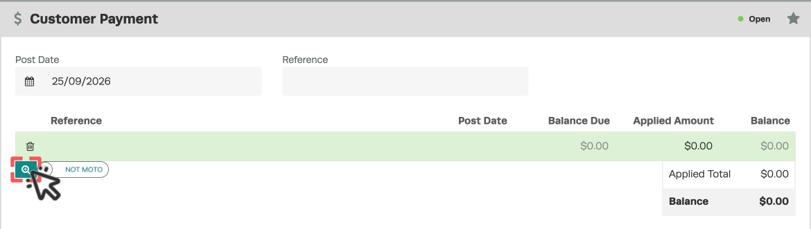 A cropped screenshot of a Customer Payment, the magnifying glass icon used to add Invoices to the Payment is highlighted.