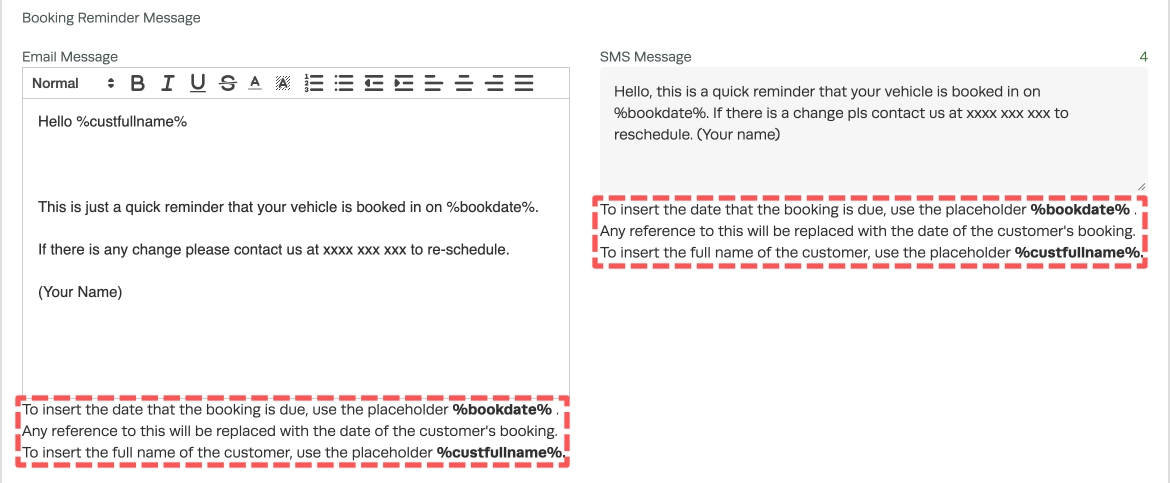 A screenshot of the Booking Reminder messages. The placeholders are highlighted.