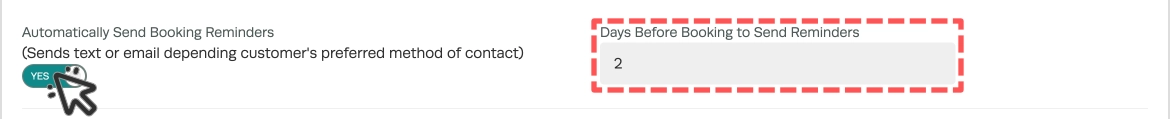 A screenshot of the booking reminders activate toggle. The toggle and number of days fields are highlighted.