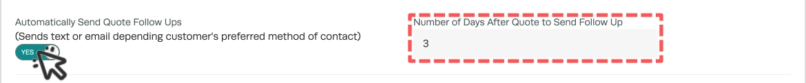 A screenshot of the Quote Reminder enable toggle and days after field.