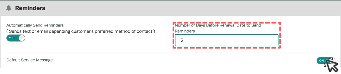 A cropped screenshot of the Reminders card. The focus is the Service reminders, highlighting the enable toggle and number of days field.