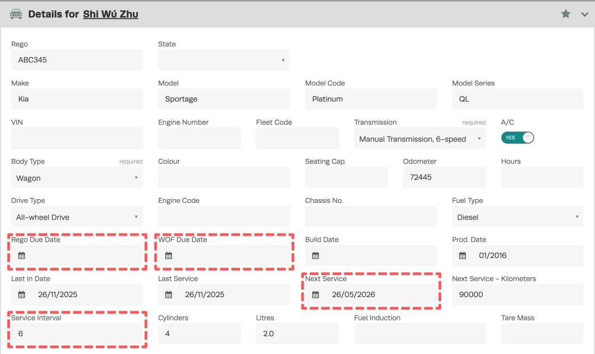 A screenshot of a Vehicle's Details page. The Rego, WOF, Next Service and Service Interval fields are highlighted.