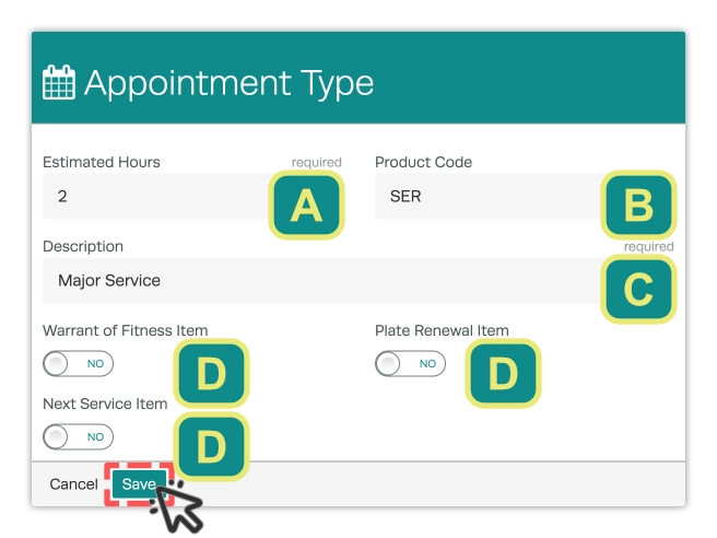 A screenshot of the Appointment Type Pop Up with each field assigned a Character.