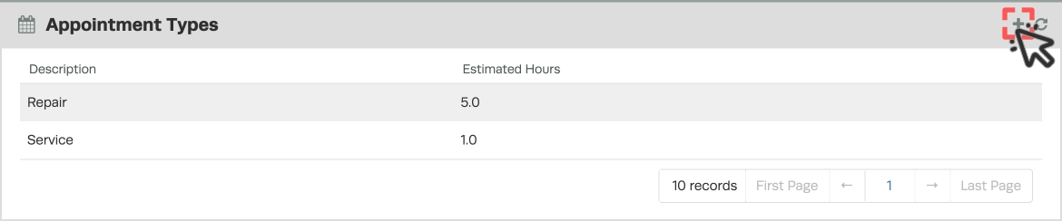 A screenshot of the Appointment Types card, the + icon is highlighted.