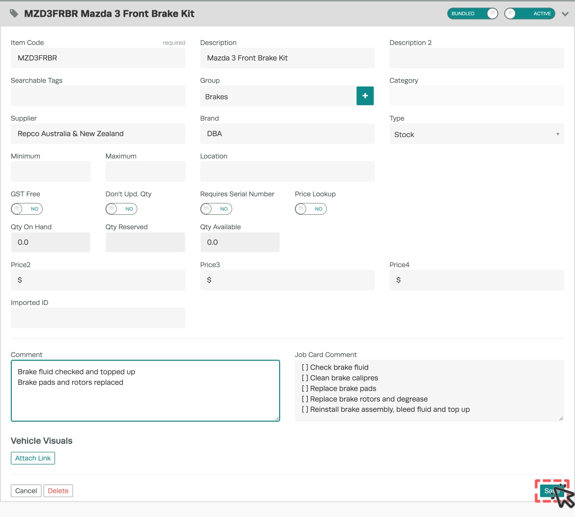 A screenshot of a new product with the Bundle Toggle turned on, the Save button is highlighted.
