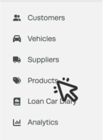 An image of Workshop Software's left hand sidebar. A Cursor indicates to click Products.