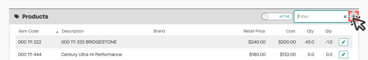 A cropped screenshot of the Products Page. The + icon is highlighted