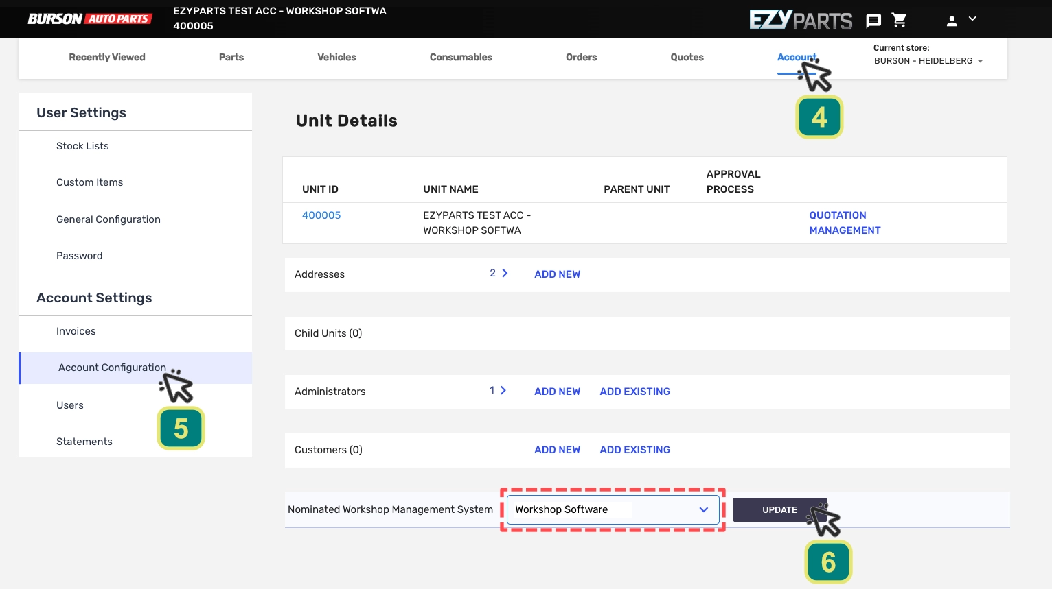 A screenshot of the Burson Ezyparts website with numbered cursors indicating how to access the Nominated Workshop Management System option.