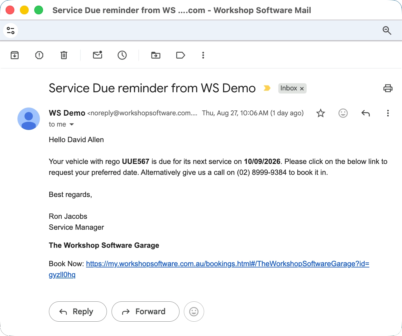 A screenshot of a Gmail Window, the message is a Service Due Reminder and a link to create a new booking.