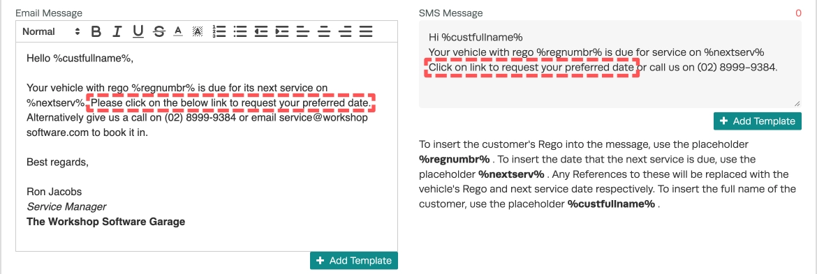A cropped screenshot of two Rego Due Reminder template fields in the Automatic Reminder page, text encouraging the recipient to click the booking link is highlightedf
