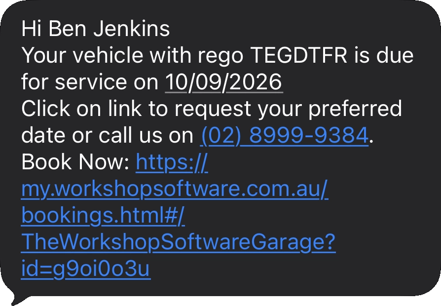 A screenshot of a TXT message, it is a Service Due reminder and a link to create a new booking