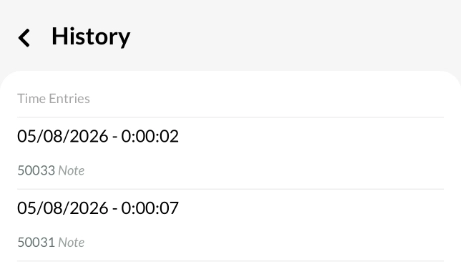 A screenshot of Mechanic Time entires in the Mobile App's History