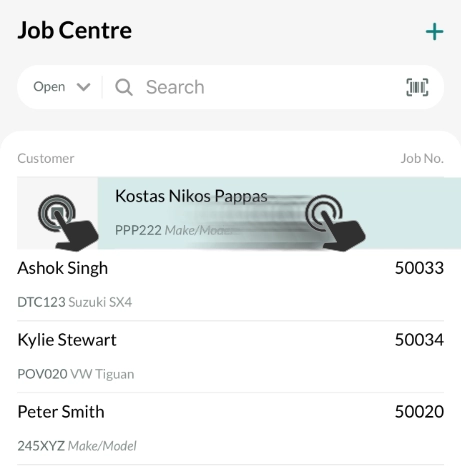 A cropped screenshot of the Job Centre. Hand icons indicate to swipe right and then tap the Stop Icon.