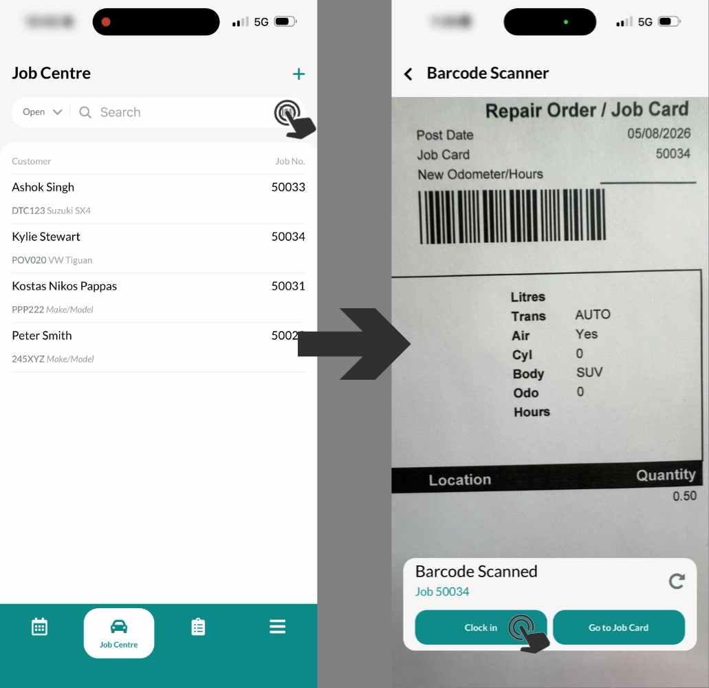 Screenshots of Workshop Software's Mobile app. Hand icons indicate to tap the Barcode Icon in the Search Bar, scan a Barcode and then tap Clock In.