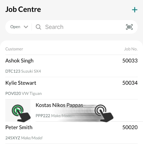 A cropped screenshot of the Job Centre. Hand cursors indicate to swipe a Job right then tap the Play Button.