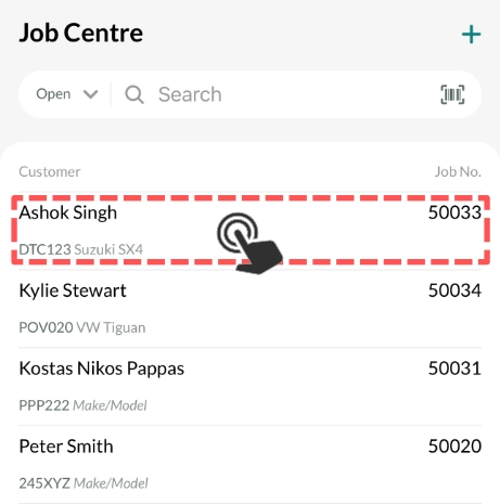 A cropped screenshot of the Job Centre, a hand indicates tapping Job 50033.