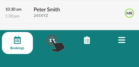 A cropped screenshot of Workshop Software's Mobile App, a hand cursor indicates to tap the Car icon to open the Job Centre