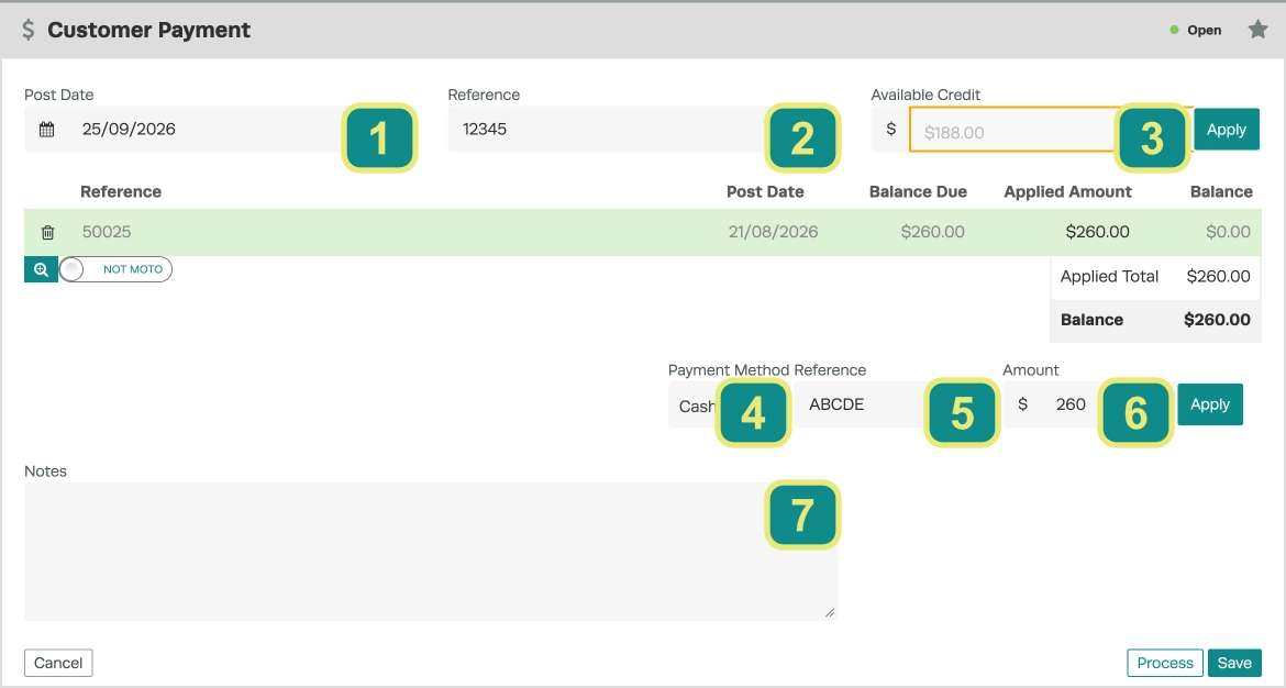 A screenshot of a Customer Payment, each field is numbered.