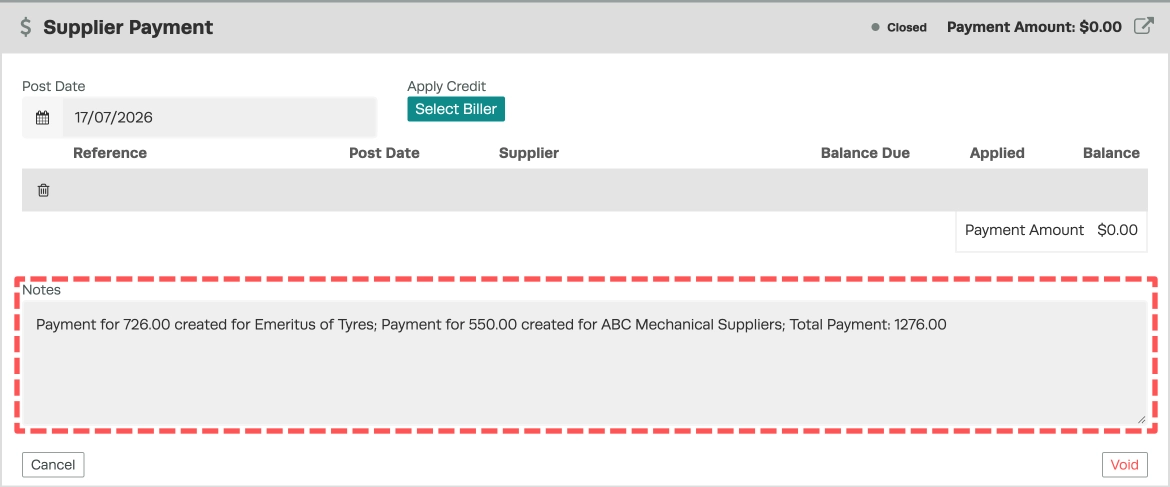 A screenshot highlighting the records in the Notes field of a Supplier Invoices for a Biller.