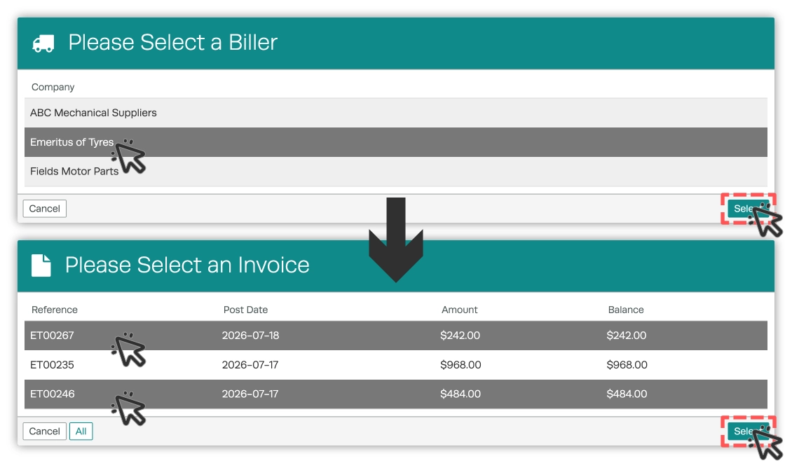 A Screenshot showing how clicking will select a Supplier to pay and the Invoices to be paid in a Supplier Payment