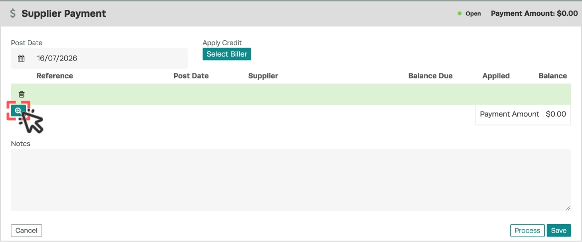 A screenshot highlighting the magnifying glass icon used to add invoices to a Supplier Payment.