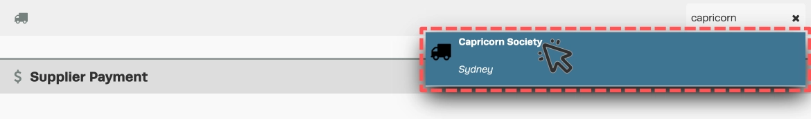 A screenshot showing Capricorn Society being selected as the payee in a Supplier Payment